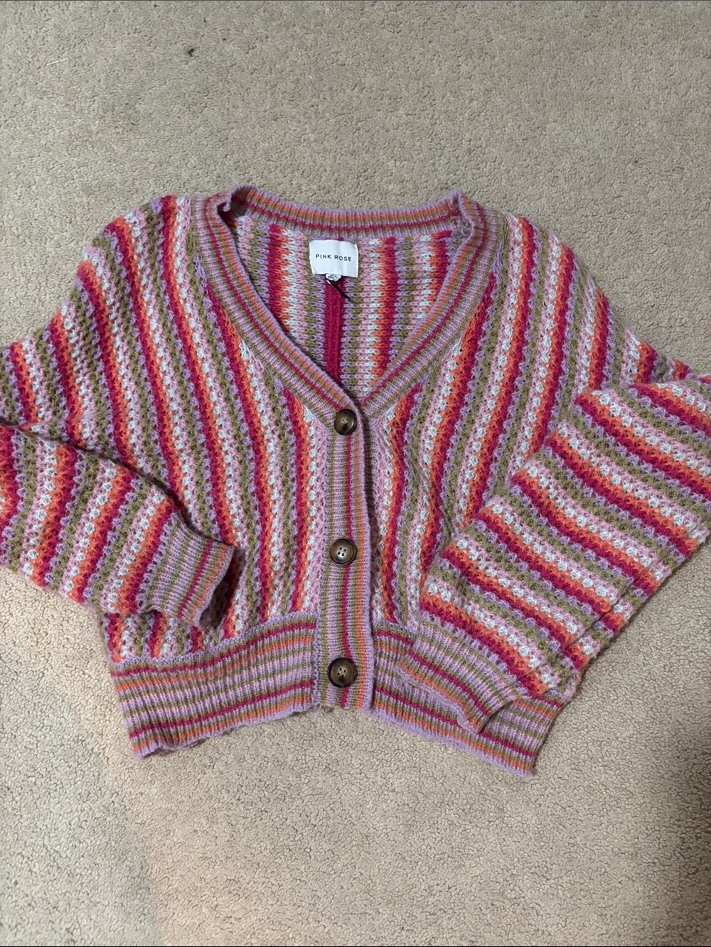Pink Rose Striped Cropped V-Neck Button Cardigan in Pink, Red & Cream